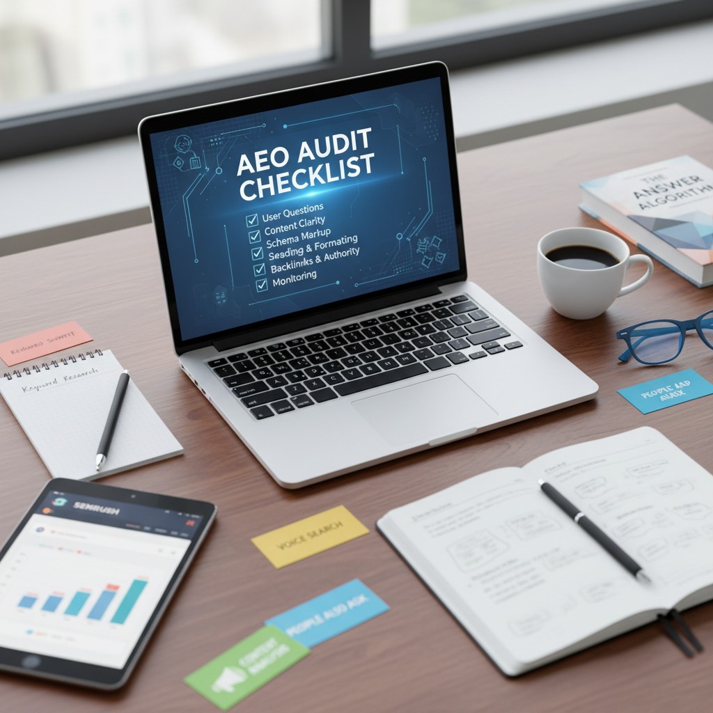 AEO audit checklist: User Questions, Content Clarity, Schema Markup, Seeding & Formatting, Backlinks & Authority, Monitoring